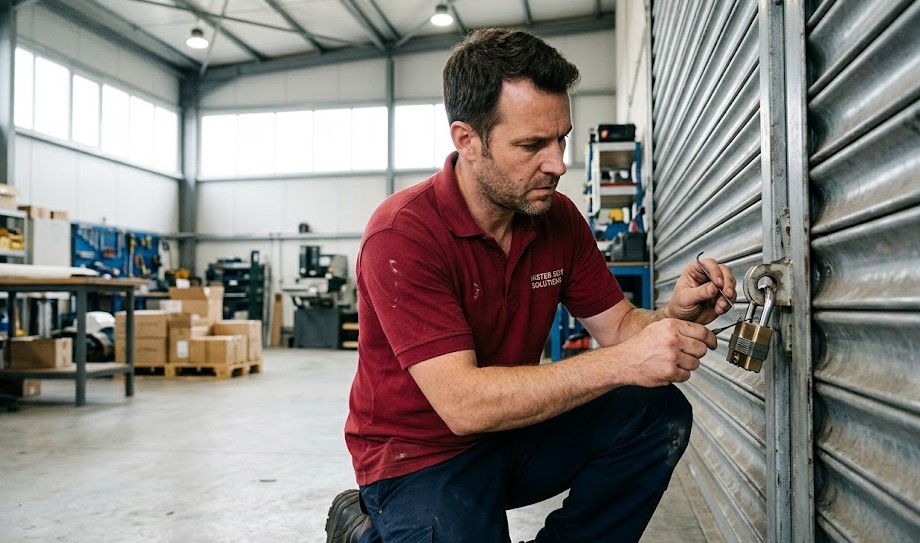 Cerrajero instalando cerradura en puerta industrial en Molins